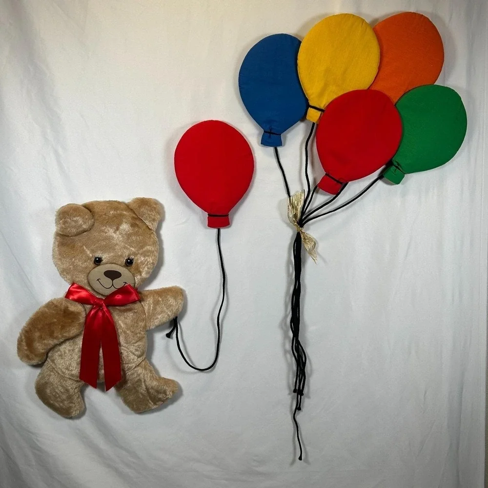 Vintage Nursery Room Balloons Bear Quilted Padded Fabric Wall Circus Decor 80s